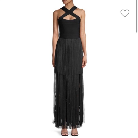 herve leger black fringe dress STRAPPY OTTOMAN FRINGE GOWN HERV LGER